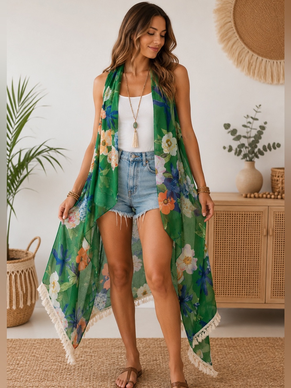 Just Be Floral Fringe Kimono Boho Open Front Lightweight Cover Up Festival